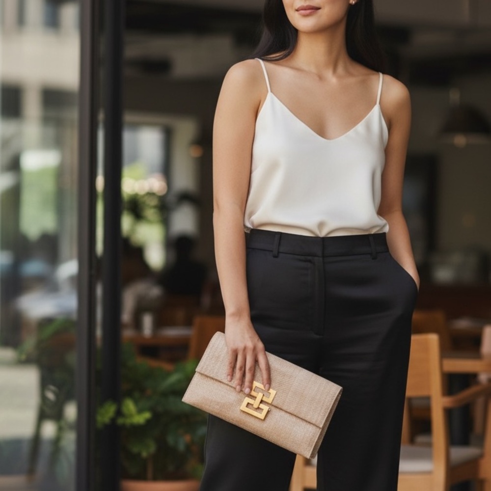 NEW•Sugared + Bronzed Straw Clutch With Unique & Modern Gold Hardware